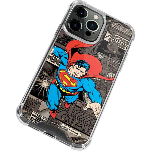 DC Comics Superman Vintage Action pose pattern iPhone 14 Pro Clear Case
